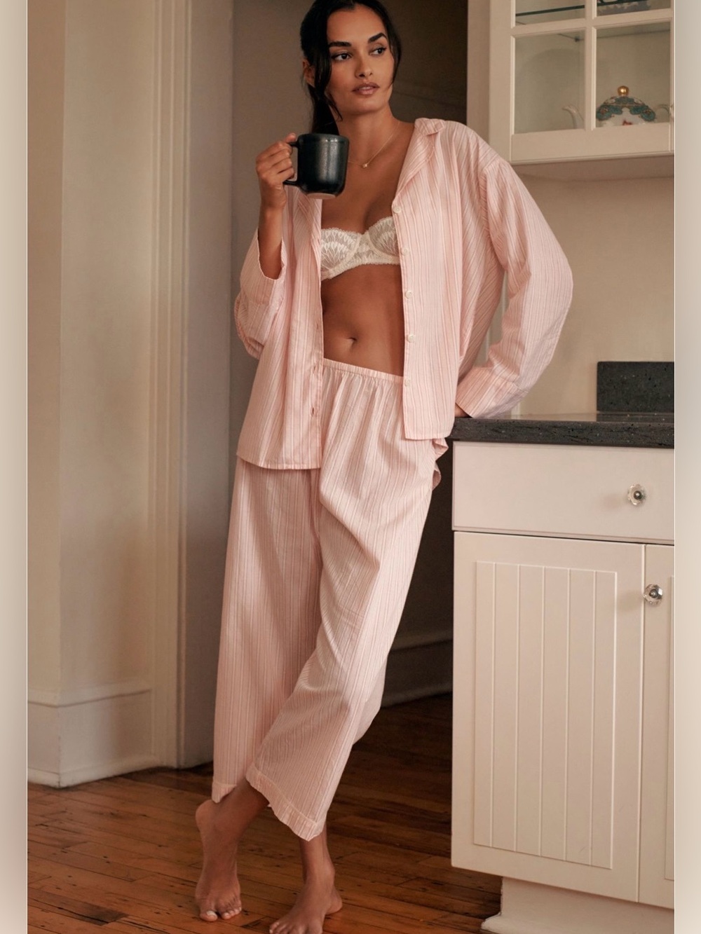 THE GREAT sleep Pink Striped Pajama Set Easy pant & button front top size 1 EUC